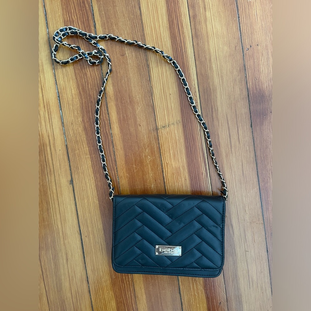 Bebe black with gold chain purse